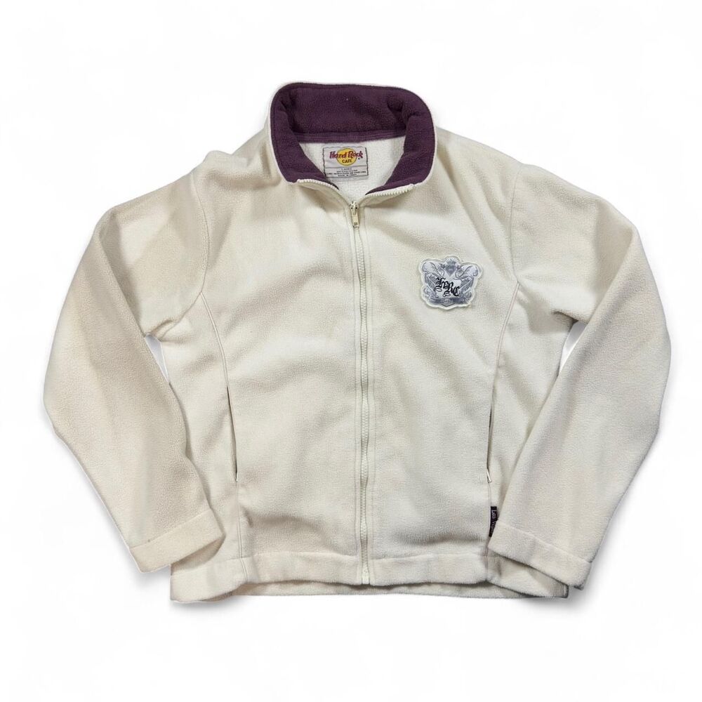 Hard Rock Cafe Fleece Jacket Women L Cream Polyester Cozy Vintage Style